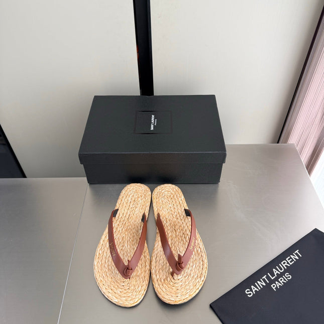 YSL 26S THONG SANDALS IN BEIGE RAFFIA AND BROWN CALFSKIN