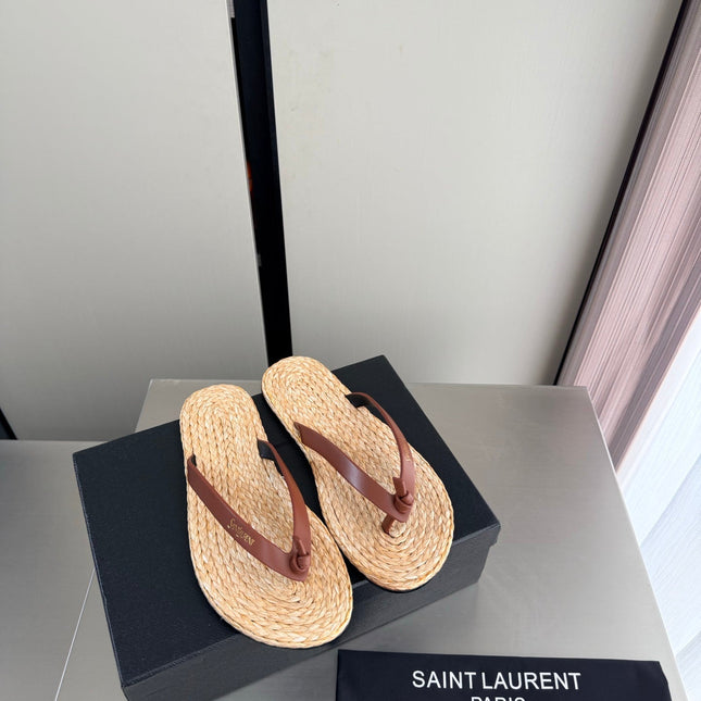 YSL 26S THONG SANDALS IN BEIGE RAFFIA AND BROWN CALFSKIN