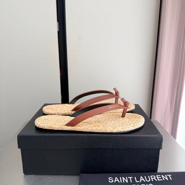 YSL 26S THONG SANDALS IN BEIGE RAFFIA AND BROWN CALFSKIN