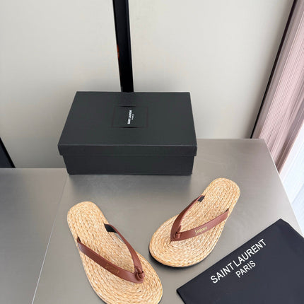 YSL 26S THONG SANDALS IN BEIGE RAFFIA AND BROWN CALFSKIN
