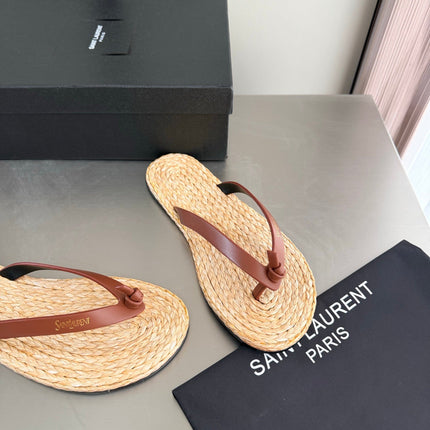 YSL 26S THONG SANDALS IN BEIGE RAFFIA AND BROWN CALFSKIN