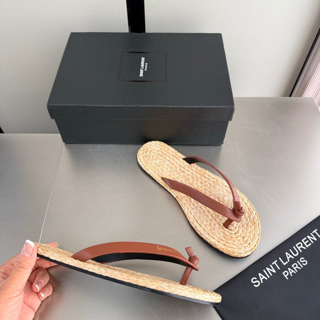 YSL 26S THONG SANDALS IN BEIGE RAFFIA AND BROWN CALFSKIN