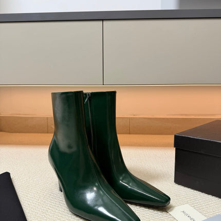 YSL 26S HEELED ANKLE BOOTS 70 MM IN DARK GREEN GLOSSY LAMBSKIN