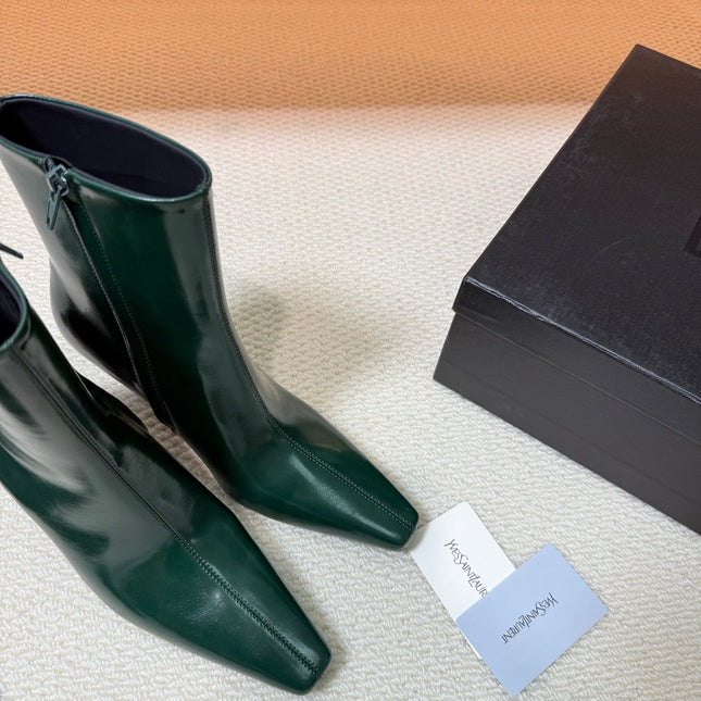 YSL 26S HEELED ANKLE BOOTS 70 MM IN DARK GREEN GLOSSY LAMBSKIN