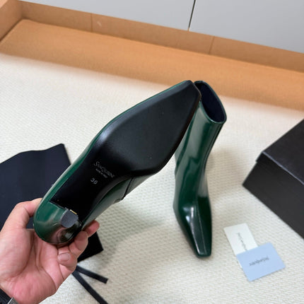 YSL 26S HEELED ANKLE BOOTS 70 MM IN DARK GREEN GLOSSY LAMBSKIN