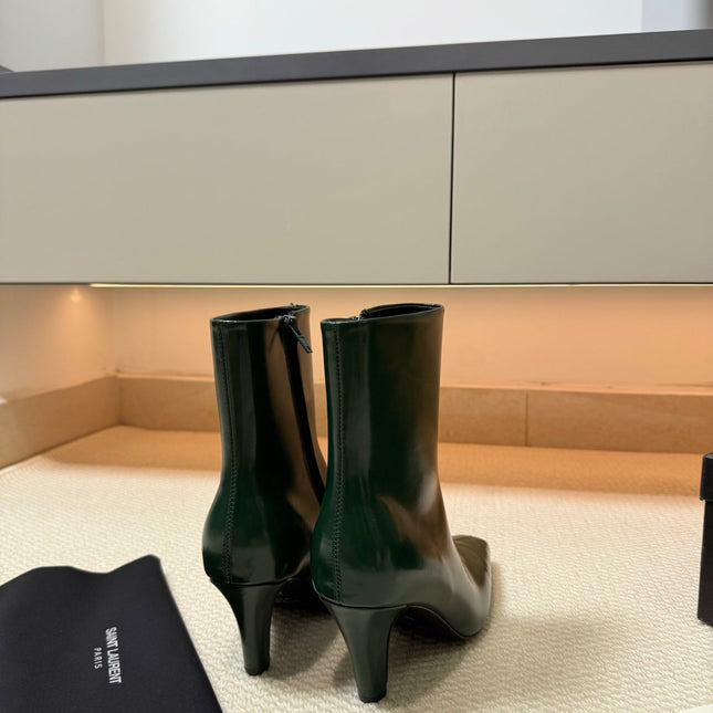 YSL 26S HEELED ANKLE BOOTS 70 MM IN DARK GREEN GLOSSY LAMBSKIN