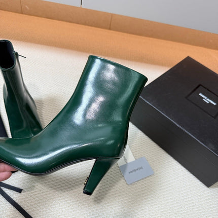 YSL 26S HEELED ANKLE BOOTS 70 MM IN DARK GREEN GLOSSY LAMBSKIN