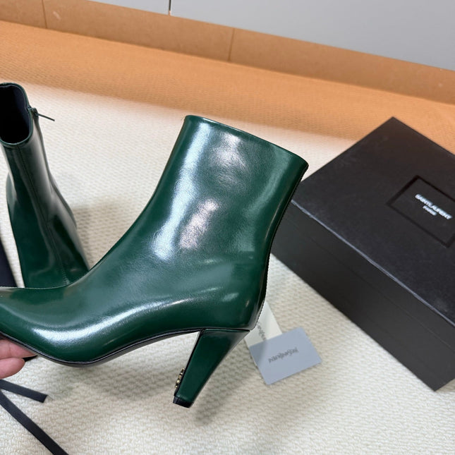 YSL 26S HEELED ANKLE BOOTS 70 MM IN DARK GREEN GLOSSY LAMBSKIN