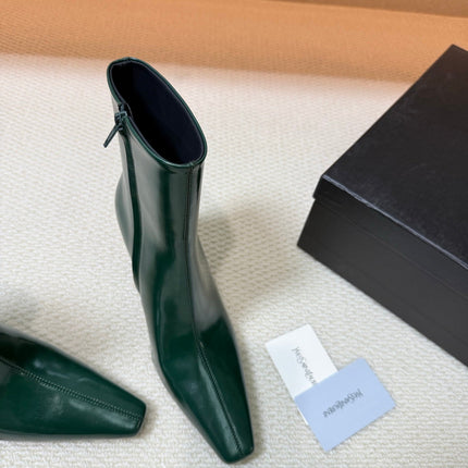 YSL 26S HEELED ANKLE BOOTS 70 MM IN DARK GREEN GLOSSY LAMBSKIN