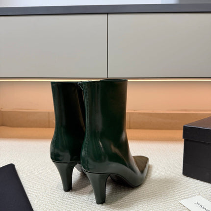 YSL 26S HEELED ANKLE BOOTS 70 MM IN DARK GREEN GLOSSY LAMBSKIN