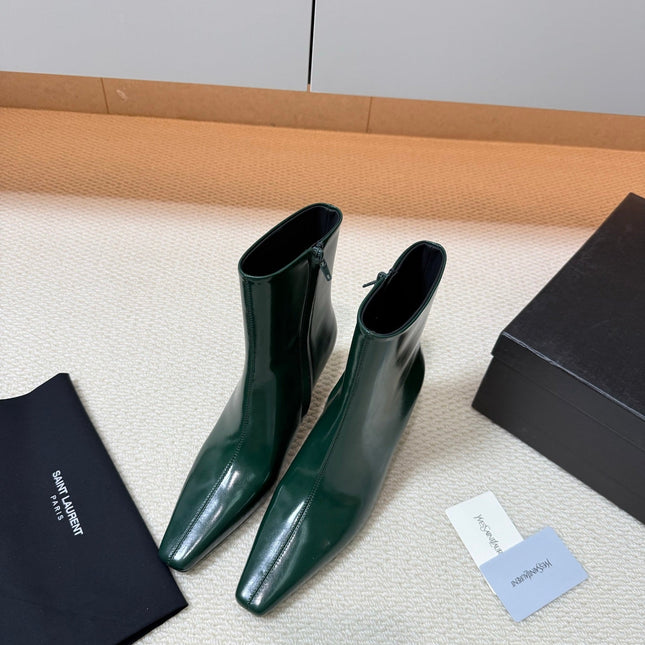 YSL 26S HEELED ANKLE BOOTS 70 MM IN DARK GREEN GLOSSY LAMBSKIN