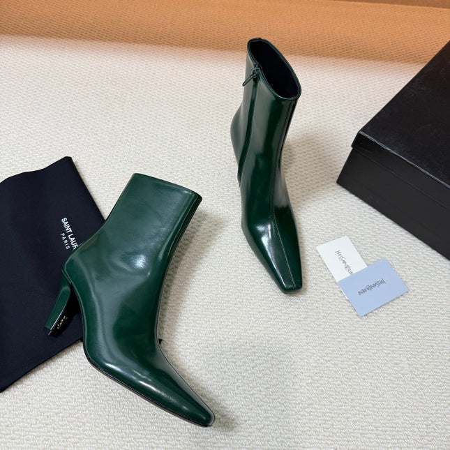 YSL 26S HEELED ANKLE BOOTS 70 MM IN DARK GREEN GLOSSY LAMBSKIN