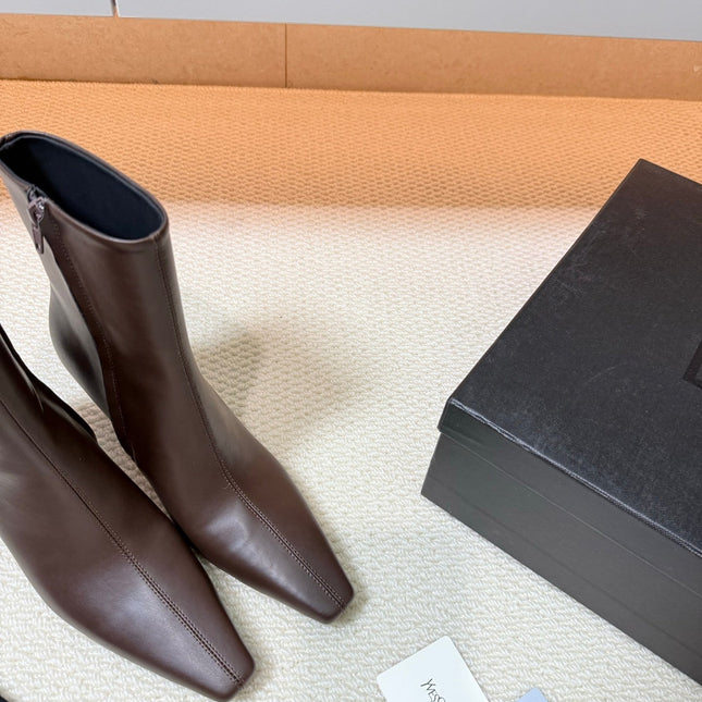 YSL 26S HEELED ANKLE BOOTS 70 MM IN DARK BROWN LAMBSKIN