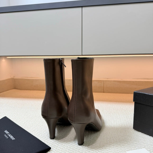 YSL 26S HEELED ANKLE BOOTS 70 MM IN DARK BROWN LAMBSKIN