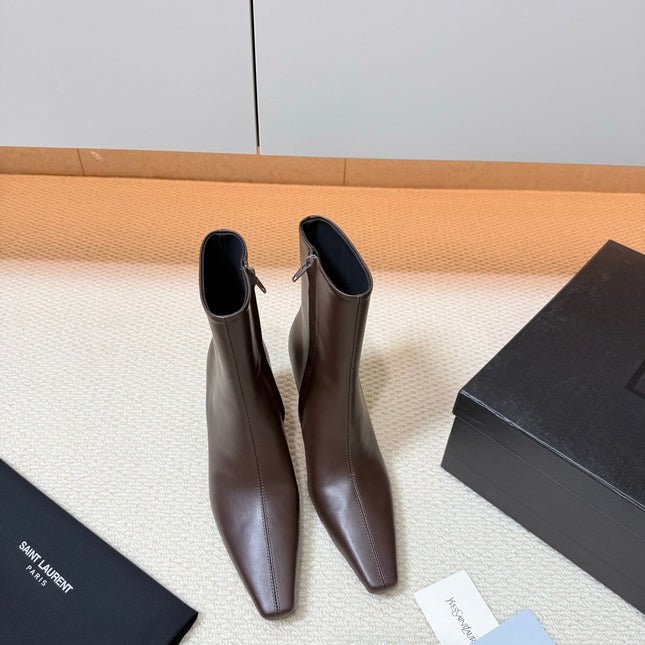 YSL 26S HEELED ANKLE BOOTS 70 MM IN DARK BROWN LAMBSKIN