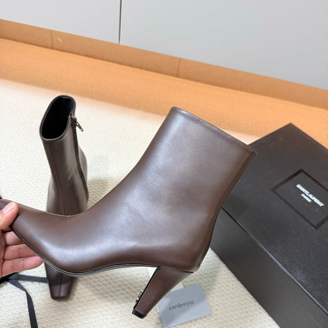YSL 26S HEELED ANKLE BOOTS 70 MM IN DARK BROWN LAMBSKIN