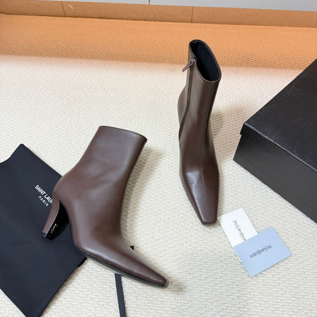 YSL 26S HEELED ANKLE BOOTS 70 MM IN DARK BROWN LAMBSKIN