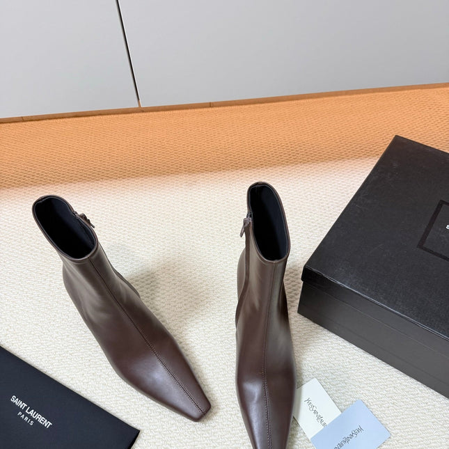 YSL 26S HEELED ANKLE BOOTS 70 MM IN DARK BROWN LAMBSKIN