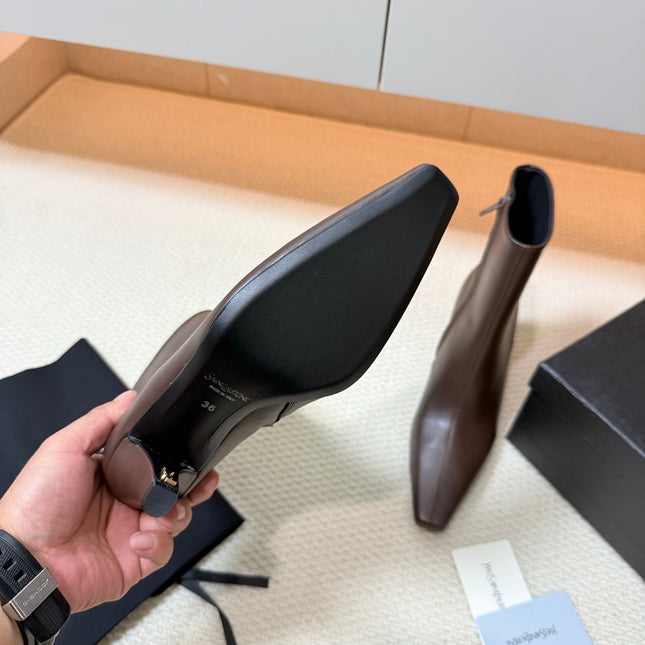 YSL 26S HEELED ANKLE BOOTS 70 MM IN DARK BROWN LAMBSKIN