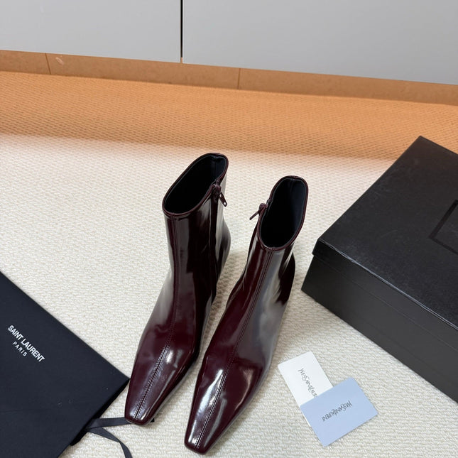 YSL 26S HEELED ANKLE BOOTS 70 MM IN DARK RED GLOSSY LAMBSKIN