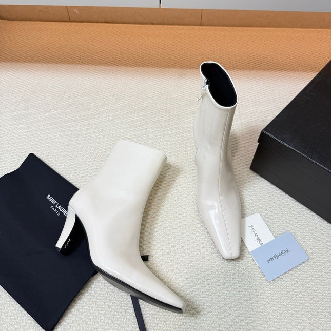 YSL 26S HEELED ANKLE BOOTS 70 MM IN CREAM WHITE SHINY LAMBSKIN