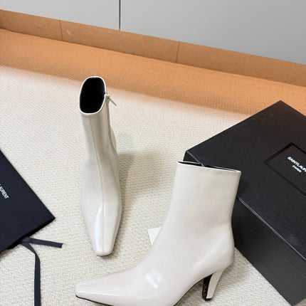 YSL 26S HEELED ANKLE BOOTS 70 MM IN CREAM WHITE SHINY LAMBSKIN