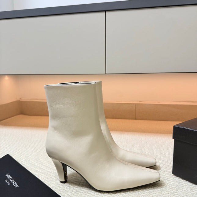 YSL 26S HEELED ANKLE BOOTS 70 MM IN CREAM WHITE SHINY LAMBSKIN