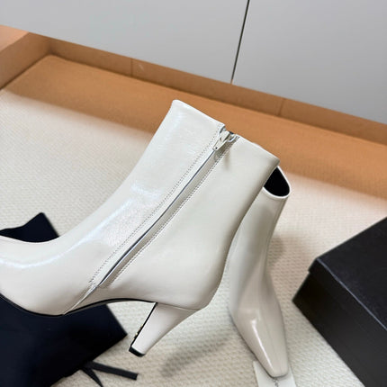 YSL 26S HEELED ANKLE BOOTS 70 MM IN CREAM WHITE SHINY LAMBSKIN