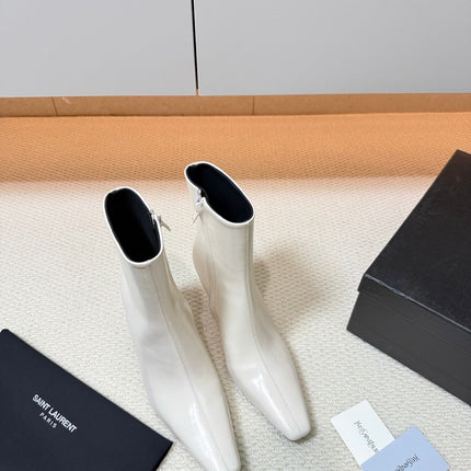 YSL 26S HEELED ANKLE BOOTS 70 MM IN CREAM WHITE SHINY LAMBSKIN