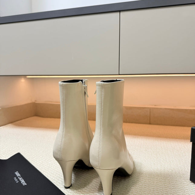 YSL 26S HEELED ANKLE BOOTS 70 MM IN CREAM WHITE SHINY LAMBSKIN