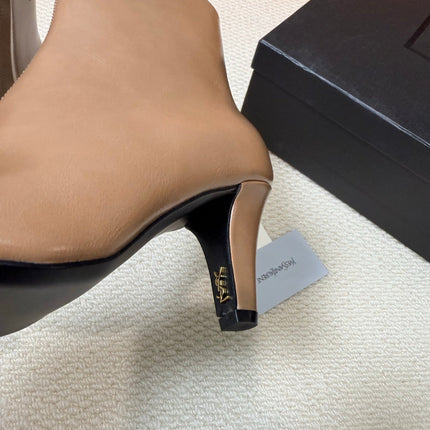 YSL 26S HEELED ANKLE BOOTS 70 MM IN BEIGE BROWN SHINY LAMBSKIN