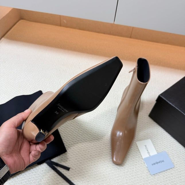 YSL 26S HEELED ANKLE BOOTS 70 MM IN BEIGE BROWN SHINY LAMBSKIN
