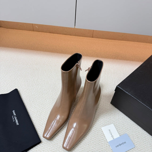 YSL 26S HEELED ANKLE BOOTS 70 MM IN BEIGE BROWN SHINY LAMBSKIN