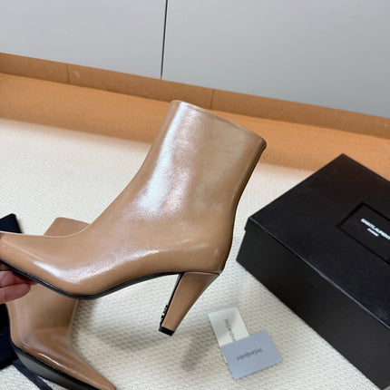 YSL 26S HEELED ANKLE BOOTS 70 MM IN BEIGE BROWN SHINY LAMBSKIN