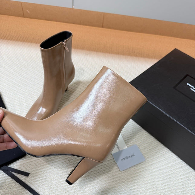 YSL 26S HEELED ANKLE BOOTS 70 MM IN BEIGE BROWN SHINY LAMBSKIN