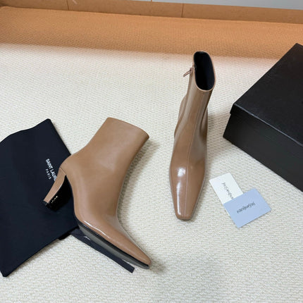YSL 26S HEELED ANKLE BOOTS 70 MM IN BEIGE BROWN SHINY LAMBSKIN