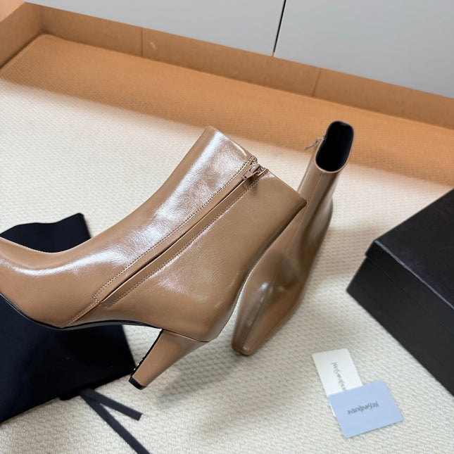 YSL 26S HEELED ANKLE BOOTS 70 MM IN BEIGE BROWN SHINY LAMBSKIN