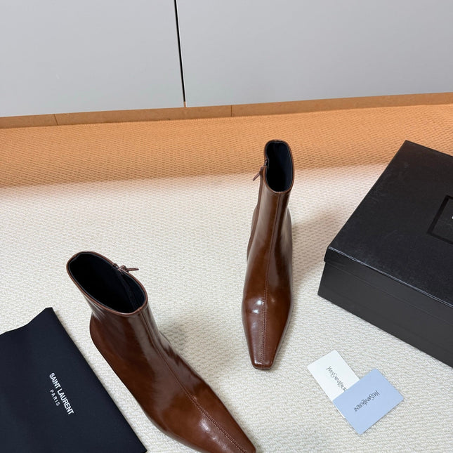 YSL 26S HEELED ANKLE BOOTS 70 MM IN BROWN SHINY LAMBSKIN