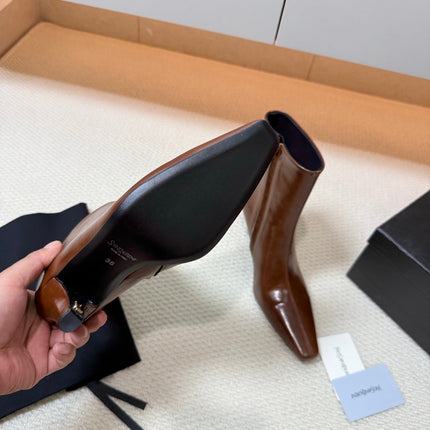 YSL 26S HEELED ANKLE BOOTS 70 MM IN BROWN SHINY LAMBSKIN