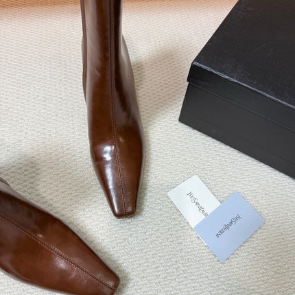 YSL 26S HEELED ANKLE BOOTS 70 MM IN BROWN SHINY LAMBSKIN