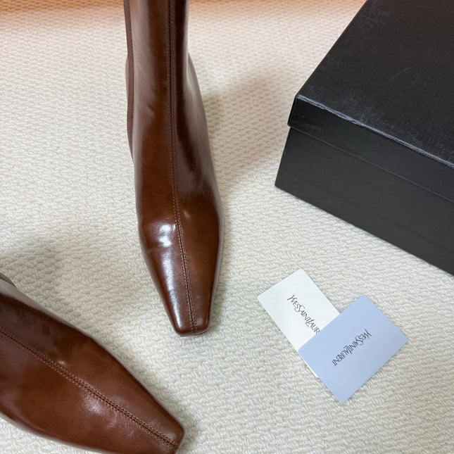 YSL 26S HEELED ANKLE BOOTS 70 MM IN BROWN SHINY LAMBSKIN