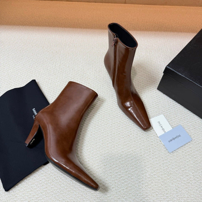 YSL 26S HEELED ANKLE BOOTS 70 MM IN BROWN SHINY LAMBSKIN