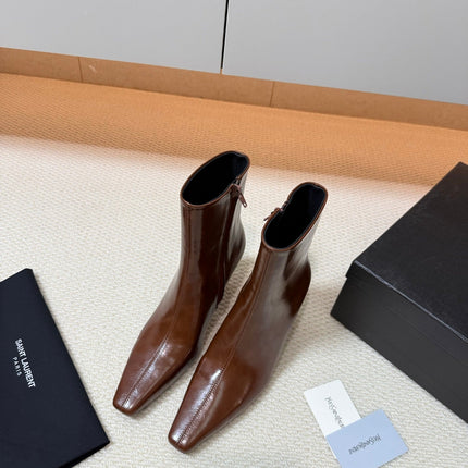 YSL 26S HEELED ANKLE BOOTS 70 MM IN BROWN SHINY LAMBSKIN