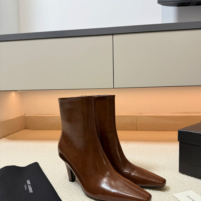 YSL 26S HEELED ANKLE BOOTS 70 MM IN BROWN SHINY LAMBSKIN