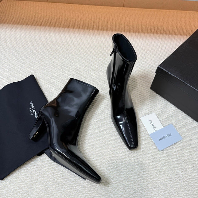 YSL 26S HEELED ANKLE BOOTS 70 MM IN BLACK GLOSSY LAMBSKIN
