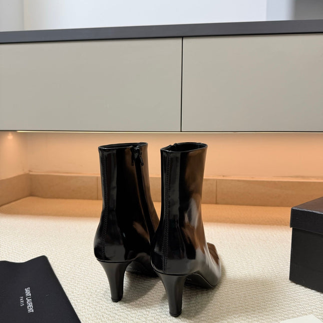 YSL 26S HEELED ANKLE BOOTS 70 MM IN BLACK GLOSSY LAMBSKIN