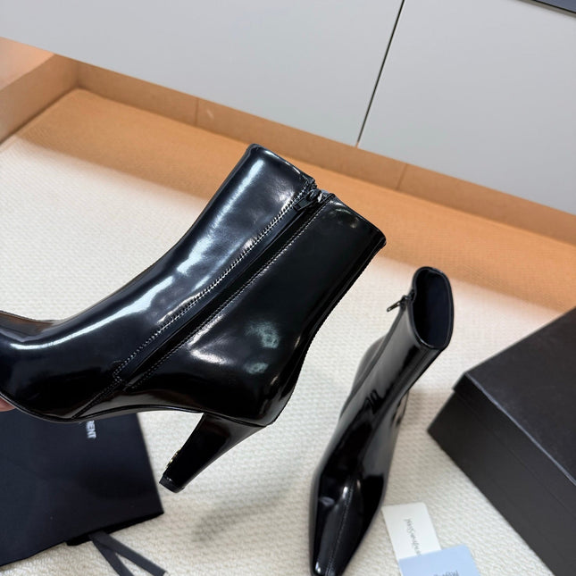 YSL 26S HEELED ANKLE BOOTS 70 MM IN BLACK GLOSSY LAMBSKIN