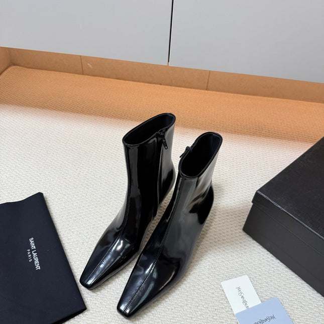 YSL 26S HEELED ANKLE BOOTS 70 MM IN BLACK GLOSSY LAMBSKIN