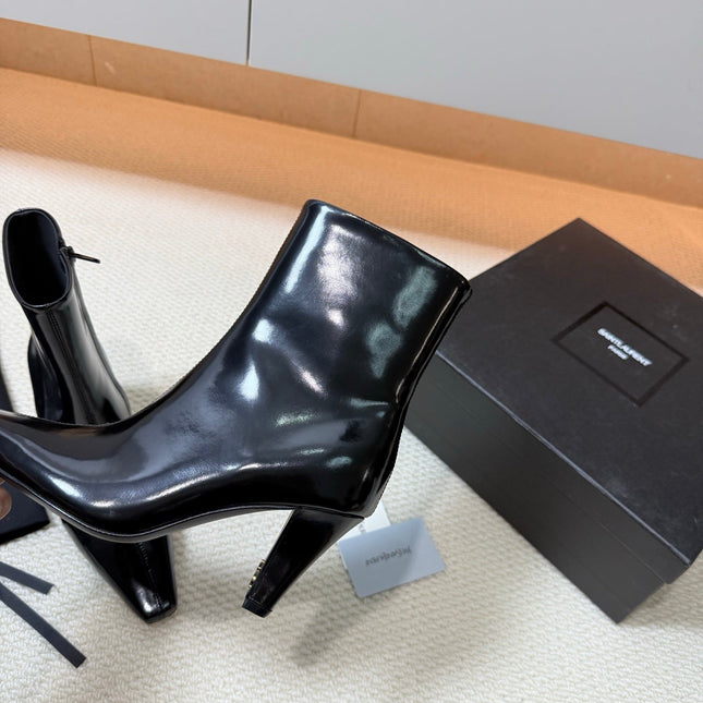 YSL 26S HEELED ANKLE BOOTS 70 MM IN BLACK GLOSSY LAMBSKIN