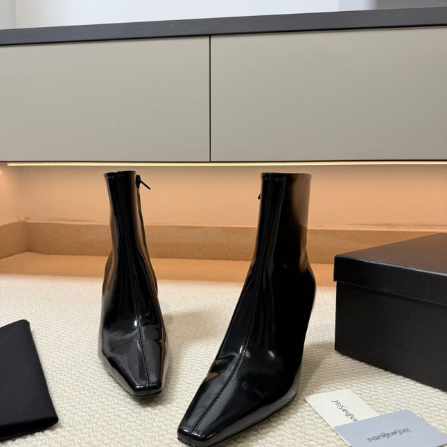 YSL 26S HEELED ANKLE BOOTS 70 MM IN BLACK GLOSSY LAMBSKIN